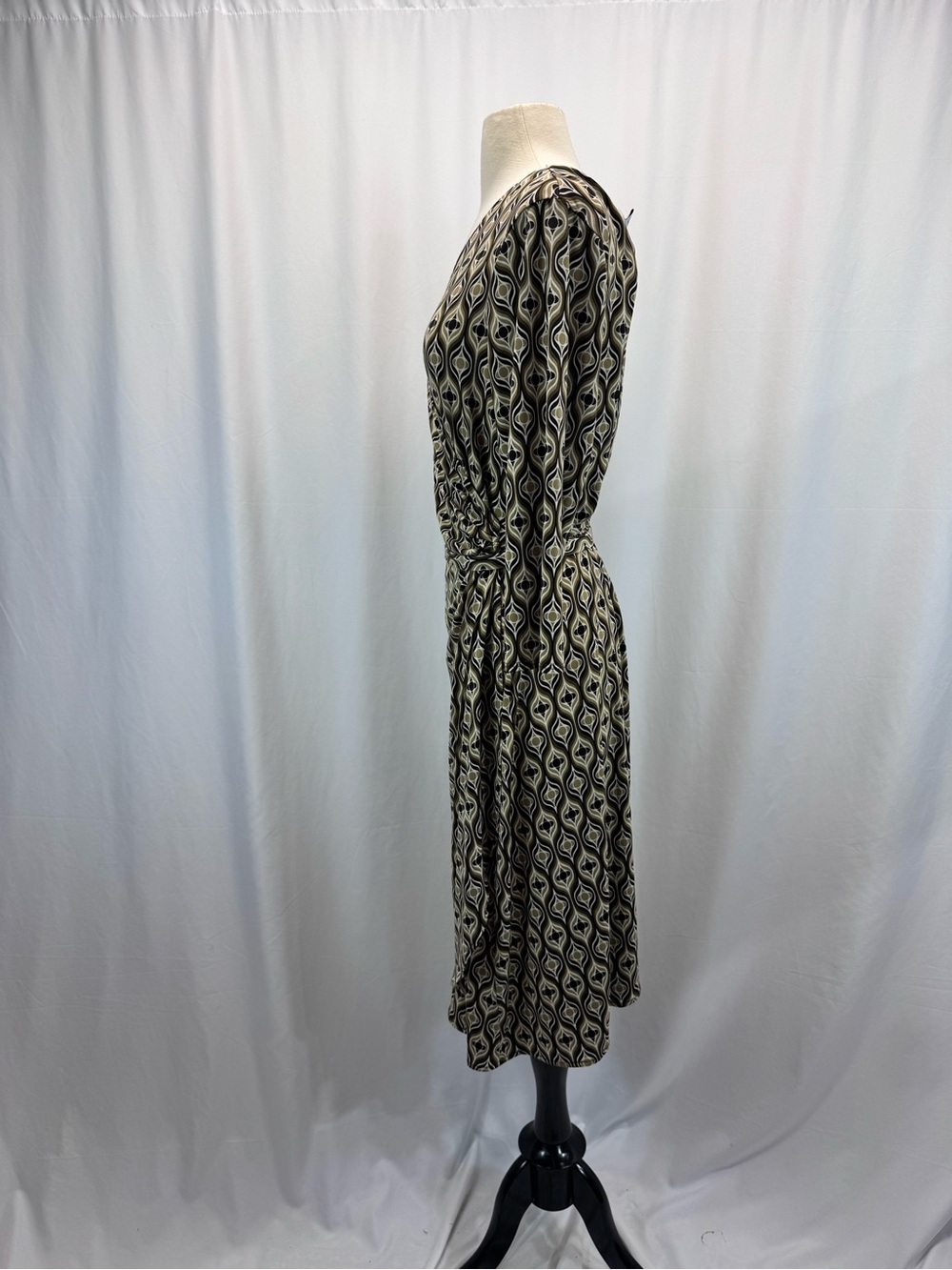 dressbarn Tan Black Printed Wrap Dress 14W Tie Boho Smart Casual Artsy Earthy - Picture 6 of 11